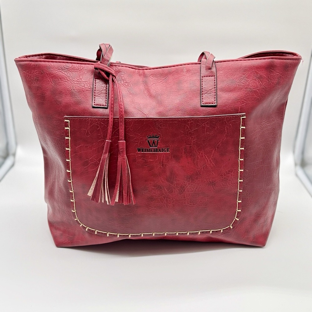 Weimeibaige Burgundy Vegan Leather Tote Bag Whipstitch Tassel Front Pocket Large